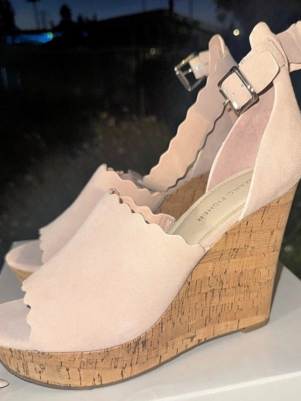 Marc Fisher Paya Scalloped Suede Wedge Sandal Sandals Pink US 9.5 M